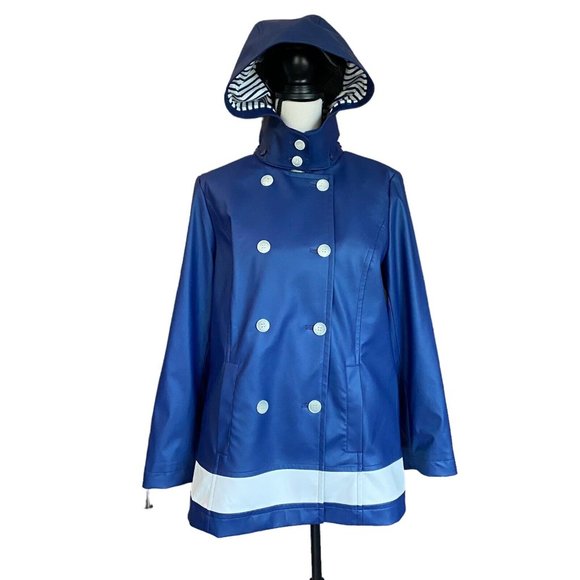 Talbots Jackets & Blazers - Talbots Womens Size M Rain Jacket Detachable Hood Navy Lined White Stripe